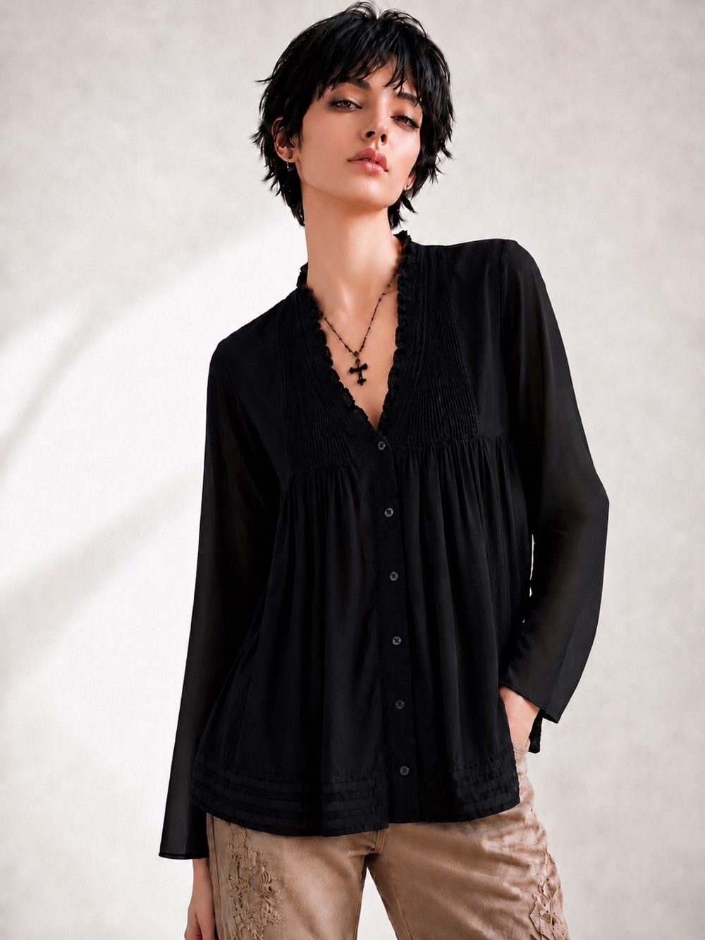 Vintage Converse One Star Black Pintuck Ruffle Peasant Blouse Semi-Sheer Size XS
